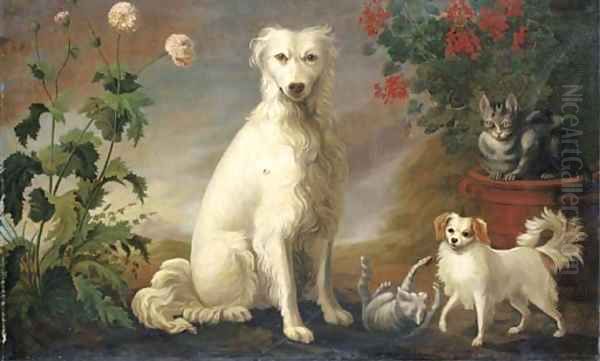 Two dogs and two cats in a landscape with flowers - view 1