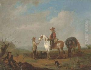 Travellers at halt in a landscape by August Querfurt