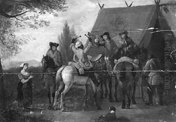 A jester on a greyhorse amusing heralds outside an encampment - view 1