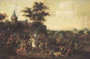A cavalry engagement outside a walled city by August Querfurt