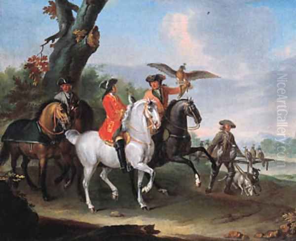 Falconers setting out and resting in mountainous landscapes - view 1