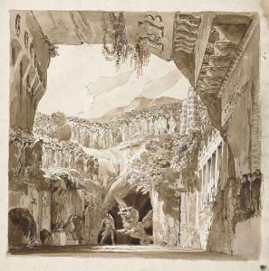 A stage design A man fighting a dragon in a cave (recto), Architectural sketches (verso) by Lorenzo I Quaglio