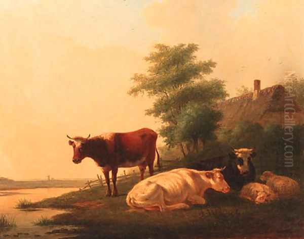Cattle and sheep on a riverbank by a farmhouse - view 1