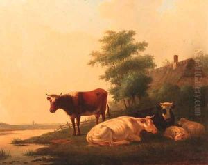 Cattle and sheep on a riverbank by a farmhouse