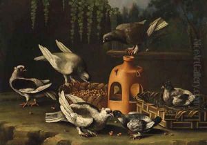 Pigeons feeding from a Basket by a stoneware Vase in a Garden by Giovanni Quinsa