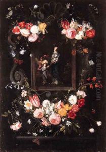 Garlands of flowers surrounding a picture of the Return from Egypt in a stone cartouche