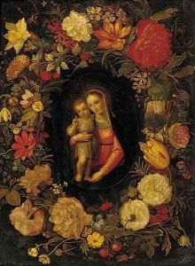 The Virgin and Child set in a feigned cartouche of carnations, tulips, daffodils and other flowers by Jan-Erasmus Quellinus