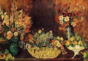 Vase Basket Of Flowers And Fruit