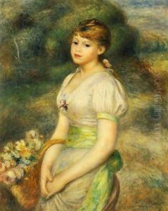 Young Girl With A Basket Of Flowers by Pierre Auguste Renoir