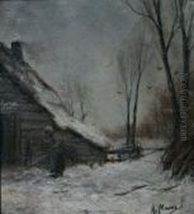 Sneeuwlandschap Met Boerin Bij Schuur by Anton Mauve