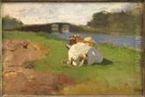 Cow Resting Beside Stream by Anton Mauve