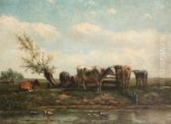 Cattle Resting By A Stream - view 1