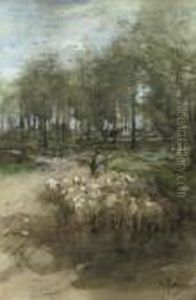 Naar De Heide: A Shepherd And His Flock On A Sandy Track