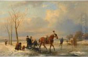 A Winter Landscape With Figures On A Sleigh, A 'koek En Zopie' In The Background by Anton Mauve