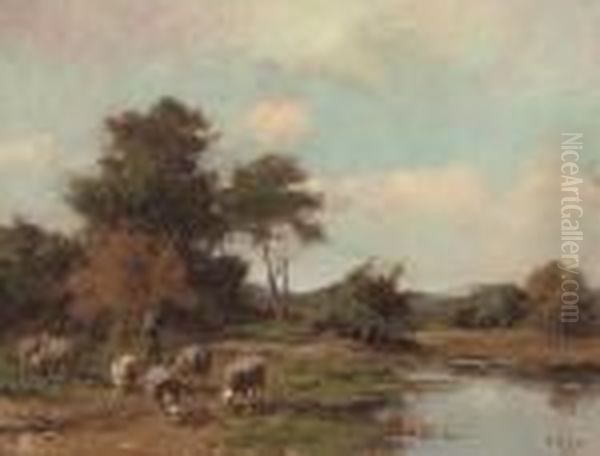 A Shepherd And His Flock By A Lake - view 1
