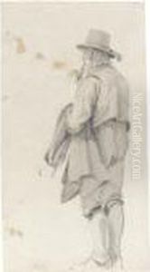 A Standing Man Smoking A Pipe, Facing Left, Seen From Behind