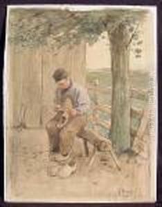 A Young Boy Making Clogs, Watercolor On Paper, Unframed A Young Boy Making Clogs, Watercolor On Paper, Unframed