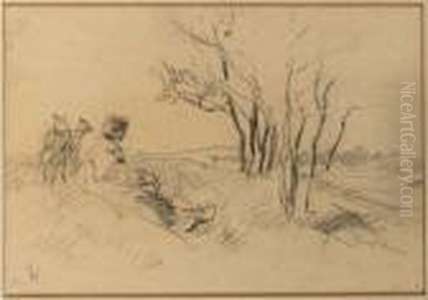 A Seated Shepherd; Sheep Grazing Beneath Trees, Two - view 1