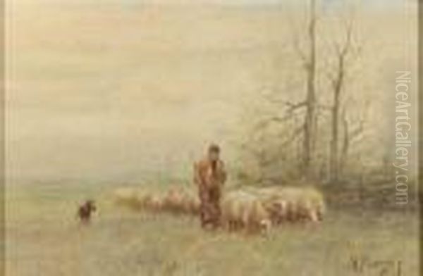 A Shepherd And Flock In A Meadow - view 1