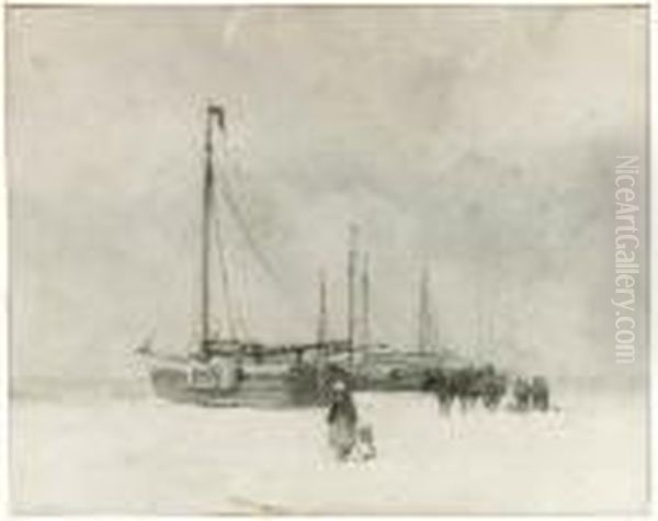 Fishing Boats On The Beach In Winter, A Man Selling Shellfish by Anton Mauve