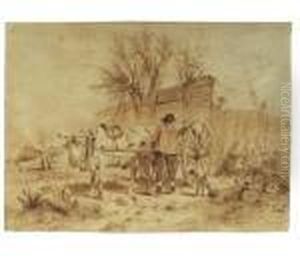 A Ox-drawn Cart With A Farmer And His Dog Near A Stable by Anton Mauve