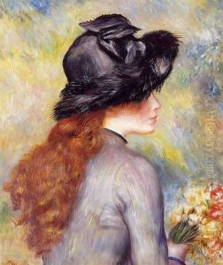 Young Girl Holding At Bouquet Of Tulips by Pierre Auguste Renoir