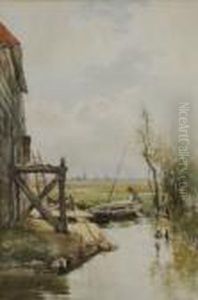 Fisherman By A Boat In A Canal Landscape Fisherman By A Boat In A Canal Landscape