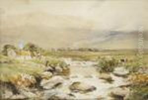 Extensive Mountain River Landscape With Figure By A Cottage