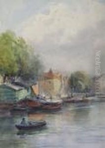 Rowing A Boat And Barges On A Canal