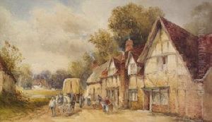 Village Scene With Figures, Horses And Cart by William Bingham McGuinness