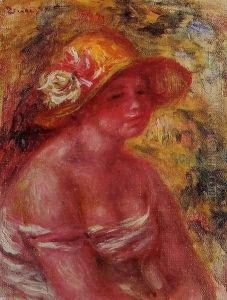 Bust Of A Young Girl Wearing A Straw Hat by Pierre Auguste Renoir