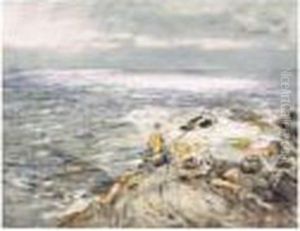Sun On The Waters, Fishing From The Rocks At Carradale by William McTaggart