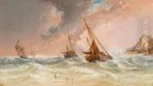 Fishing Boats On A Stormy Sea. by Arthur Joseph Meadows