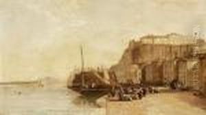 A View Of A Harbor With Numerous Figures On A Quay by Arthur Joseph Meadows
