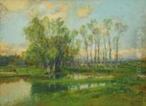 Paisaje Con Rio Y Pueblo by Eliseu Meifren i Roig