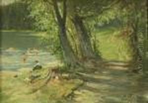 Sonnenbeschienene Uferszene Mit Badenden Kindern by Eliseu Meifren i Roig