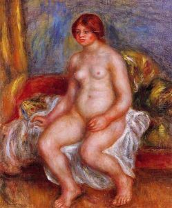 Nude Woman On Gree Cushions by Pierre Auguste Renoir