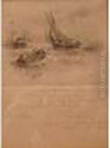Cinq Dessins Au Crayon Encadres 
De Ces Divers Artistes "portrait", "marine, "soldats", "marchande De 
Fleurs"