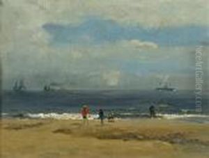 Figures On A Beach With Distant Shipping Figures On A Beach With Distant Shipping