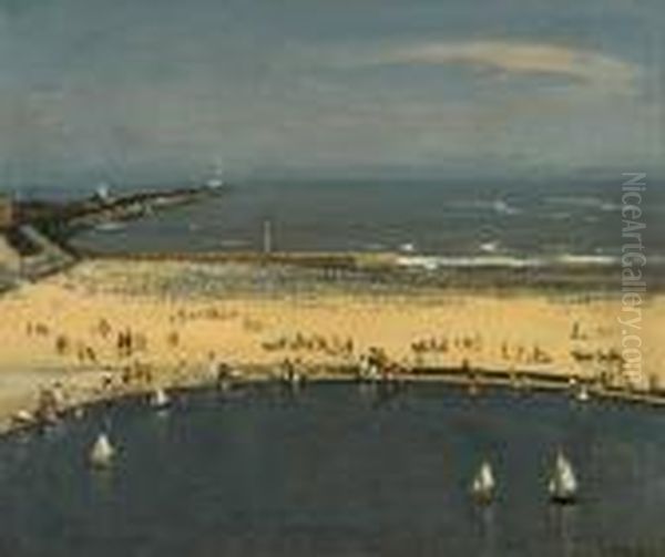Crowded Beach, Gorleston, With Boating Pond Tothe Foreground - view 1
