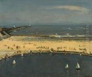 Crowded Beach, Gorleston, With Boating Pond Tothe Foreground