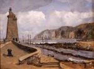 Harbour Scene With Figures And Lighthouse by Campbell A. Mellon