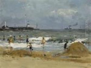 Sandcastles On The Beach Before Lowestoft Quay by Campbell A. Mellon
