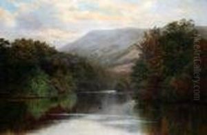 A Tranquil Wooded River Landscape by William Mellor