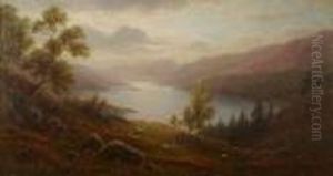 Lake District Lake Scene With Sheep On The Hills by William Mellor