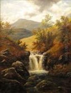 A Mountainous Landscape With A Waterfall And Sheep On A Hill by William Mellor