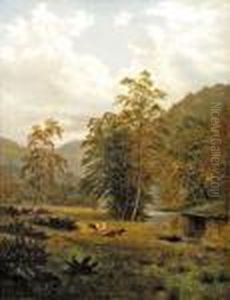 Cattle And Sheep By A River And Trees by William Mellor