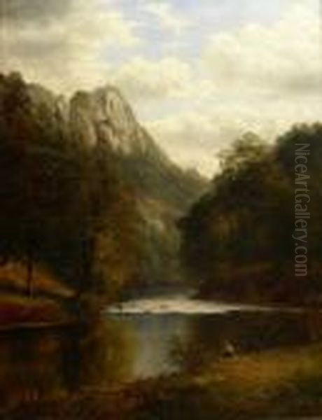 'high Tor Matlock' - River Scene With Fisherman - view 1