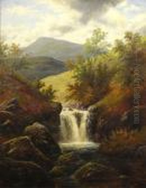 A Mountainous Landscape With Awaterfall With Sheep On The Hill - view 1