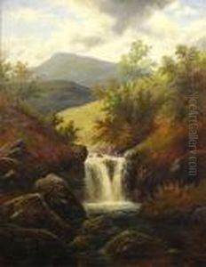 A Mountainous Landscape With Awaterfall With Sheep On The Hill by William Mellor